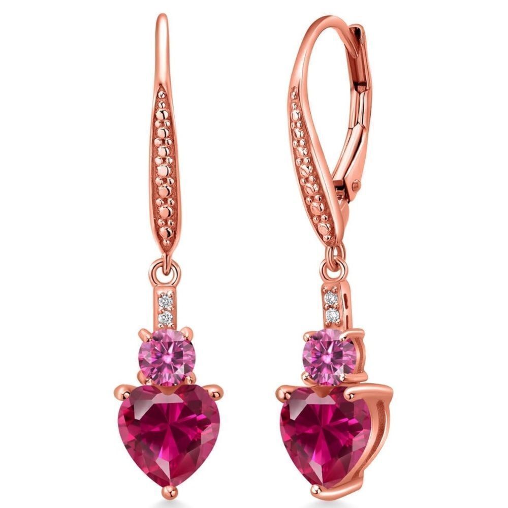 18K Rose Gold with 3.29 Cttw Ruby and Pink Moissanite Heart Drop Earrings